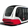 Autonomes elektrisches Shuttle in rot weiß mit Hochbahn-Aufrduck