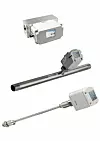 Strömungssensoren (Einstichsensor (unten), Sensor mit integrierter Messstrecke (Mitte) und Kompaktgerät (oben)).