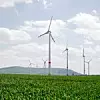 Windkraftanlagen auf grüner Wiese,
